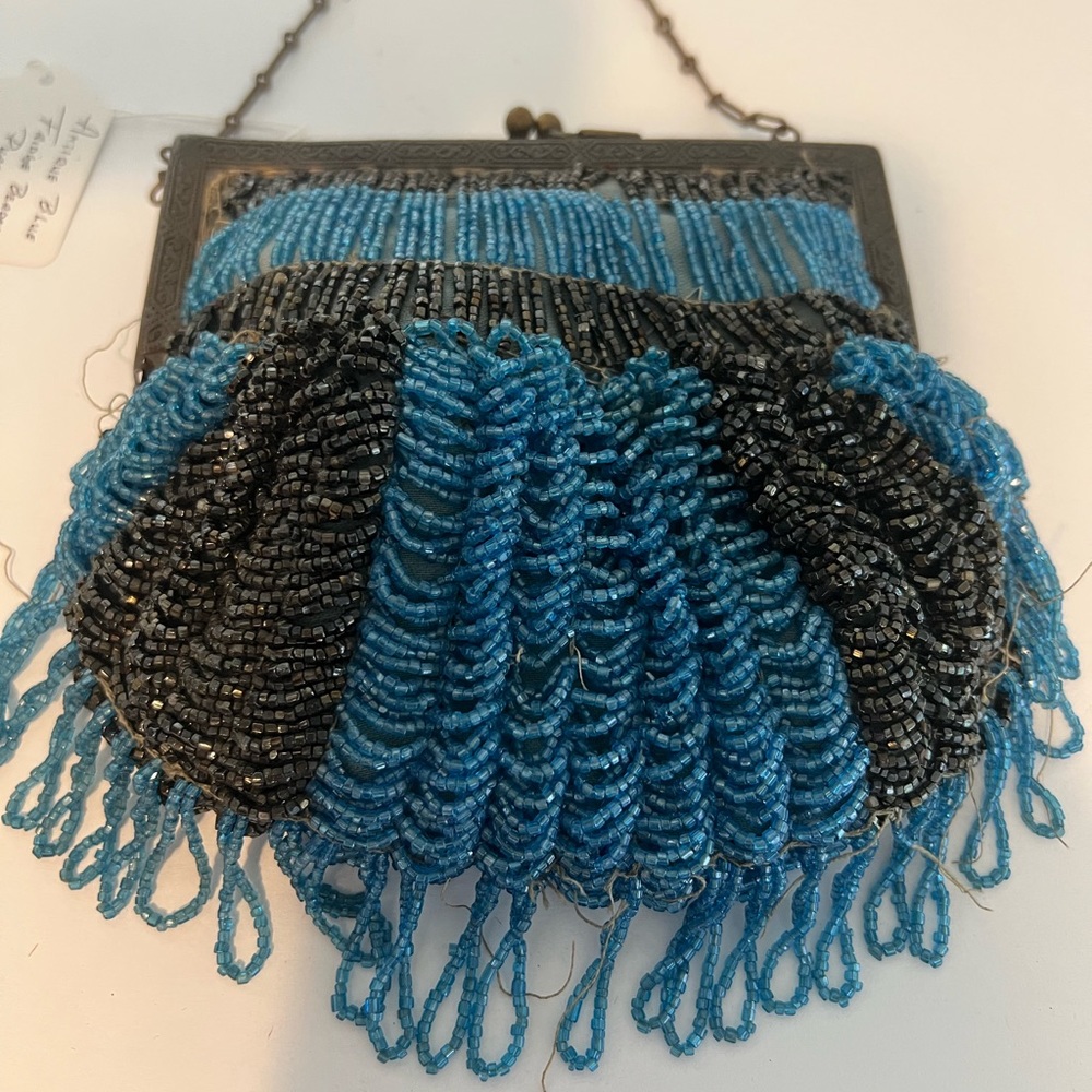 Antique Vintage Fringe Blue Beaded Purse Art Deco Bag 1920's